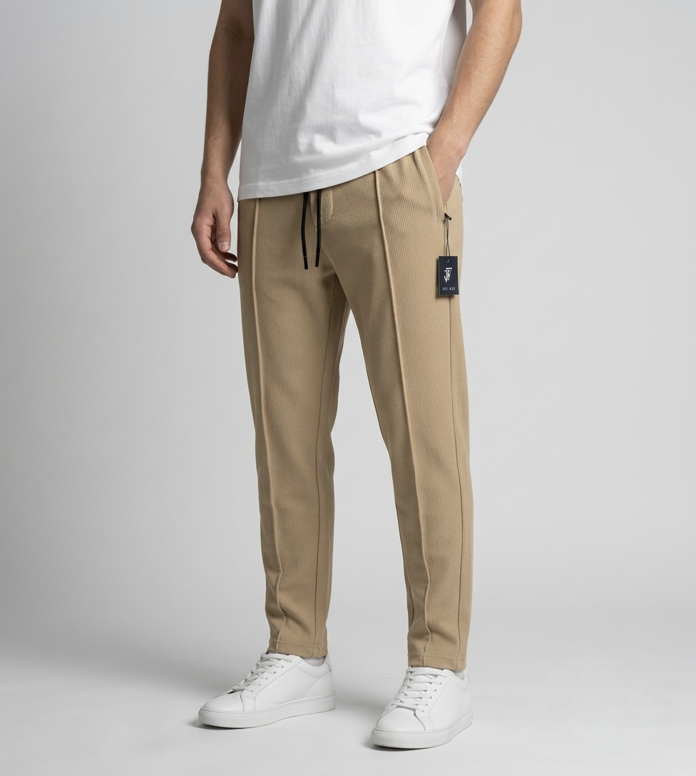 Men's Beige Pleated Loose Fit Trousers