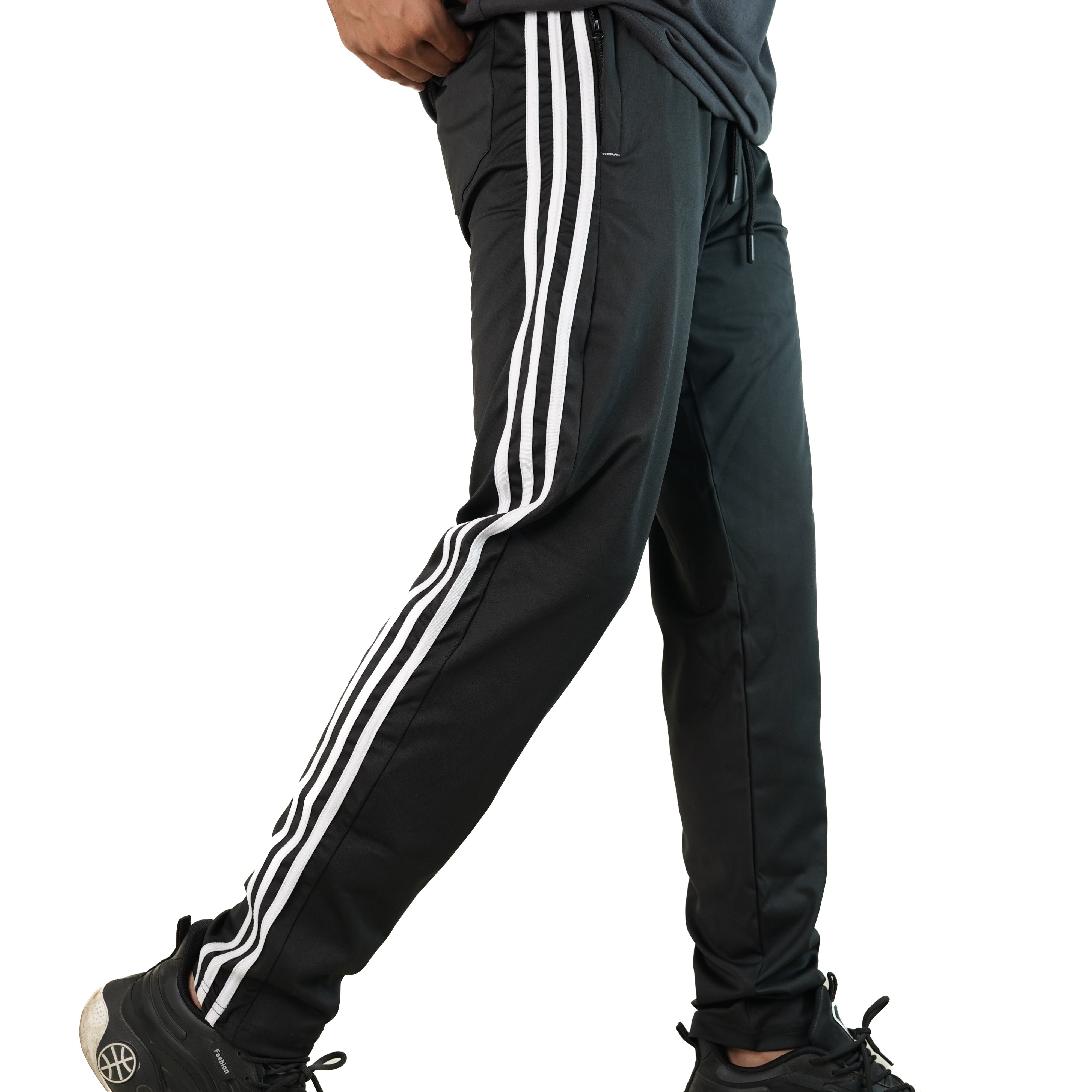Black tracksuit with white stripes on a white background
